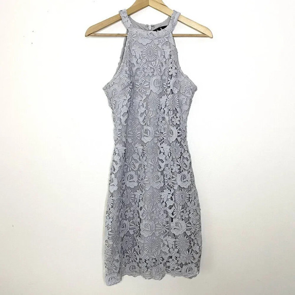 Lulu's Women's M Love Poem Light Grey Floral Lace Crochet Halter Mini Dress - Picture 7 of 11